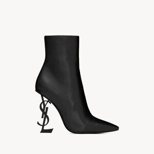 Saint Laurent Opyum Black Calfskin Ankle Boots Gold Heel Women’s Size 40